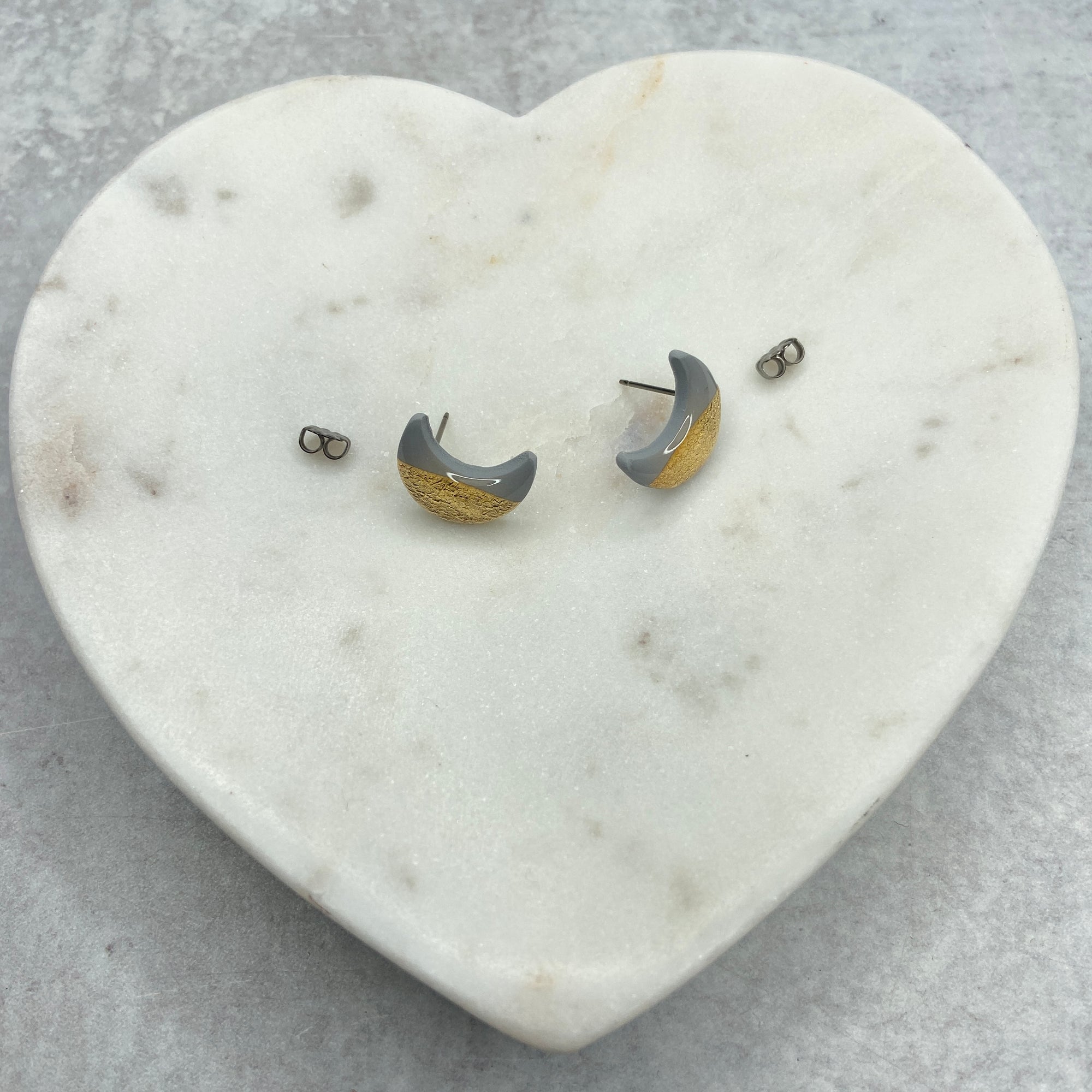 Gray and Gold Moon Stud Earrings