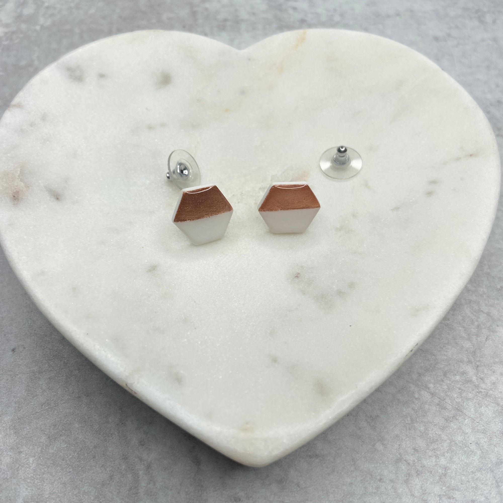 White and Rose Gold Hexagon Stud Earrings